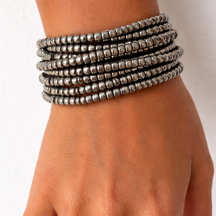8 strand beaded bracelet - silver metal glass