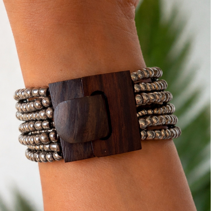 8 strand beaded bracelet - silver metal glass