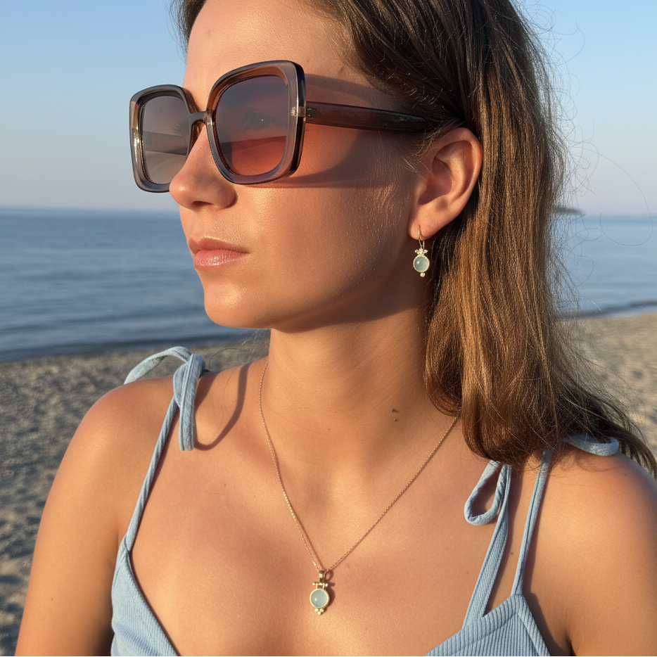 Pendant - Gold with Aqua chalcedony and 3 jawan balls