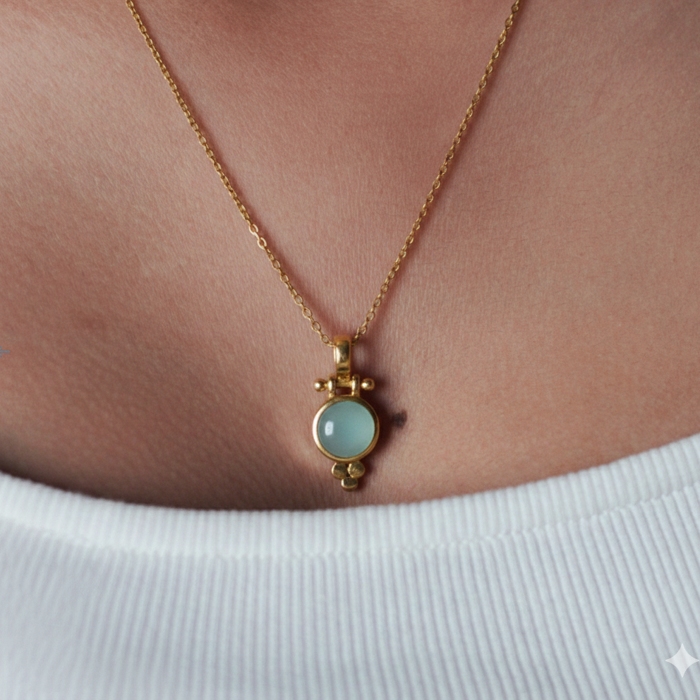 Pendant - Gold with Aqua chalcedony and 3 jawan balls