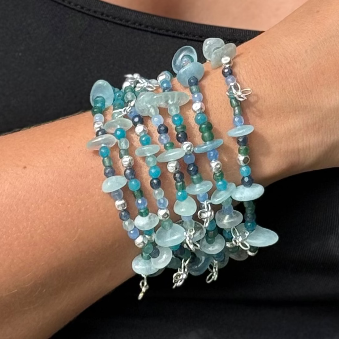 7 strand beaded bracelet  - aquamarine