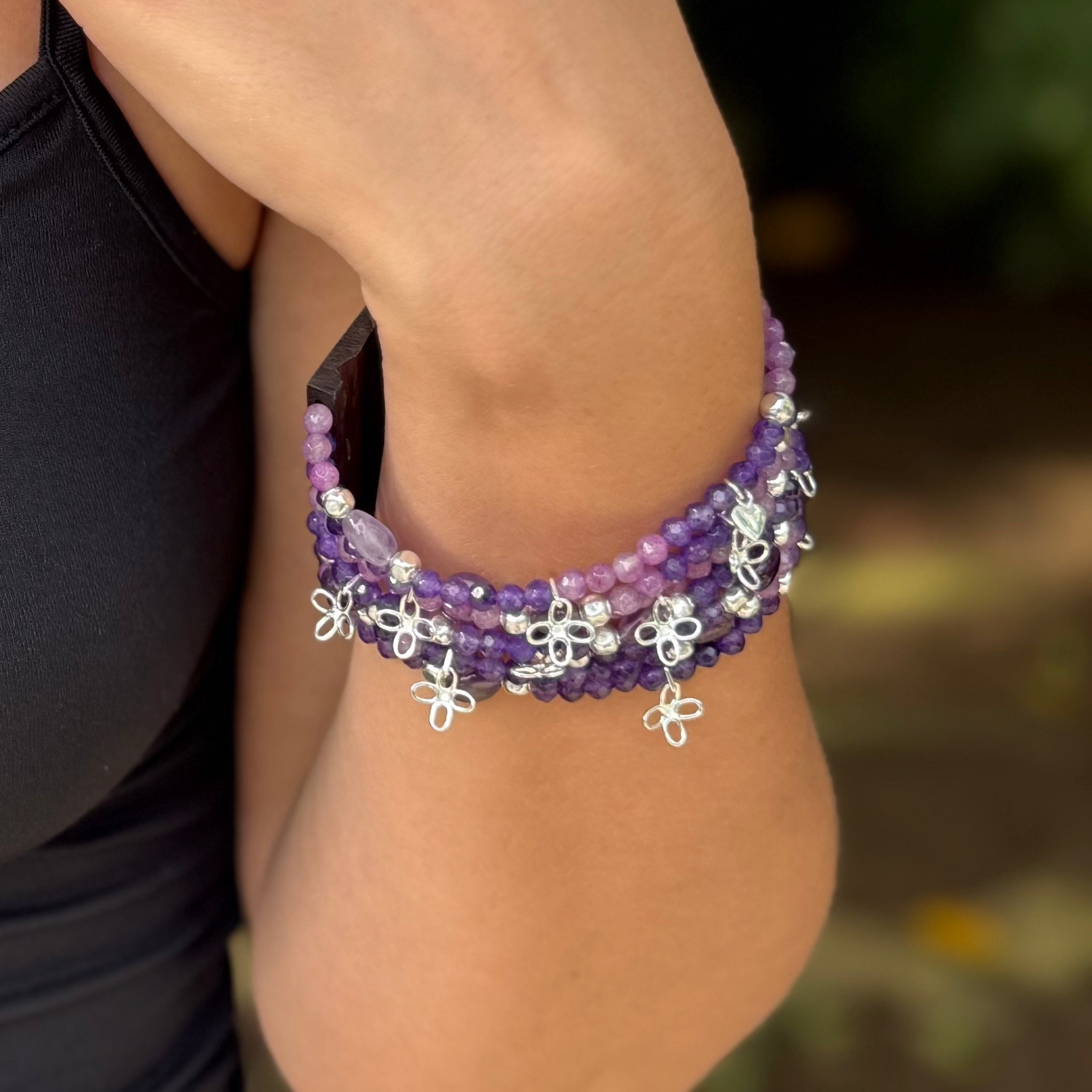 7 strand beaded bracelet  - amethyst & silver charms