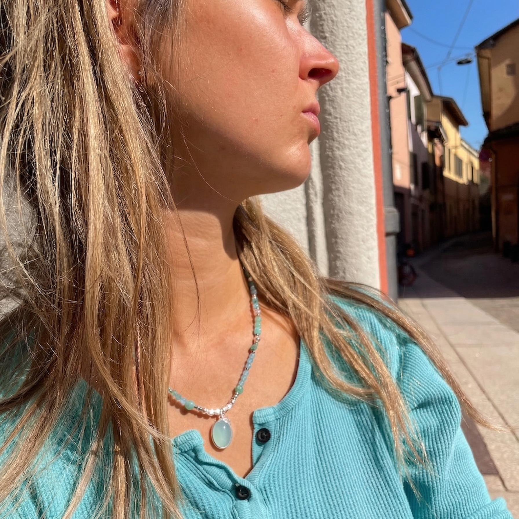 Beaded necklace with amazonite pendant